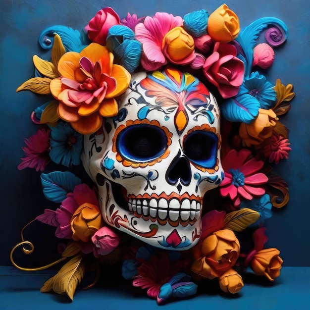 Kostenloses Foto Feier des Tages der Toten farbenfrohe Schädel und Blumen
