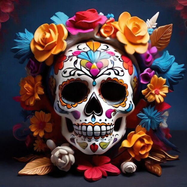Kostenloses Foto Feier des Tages der Toten farbenfrohe Schädel und Blumen