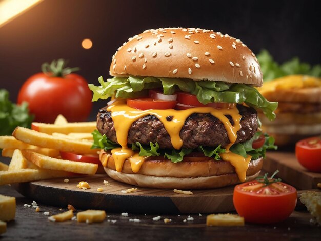 Kostenloses Foto gegrillter Rindfleischburger mit Pommes, Käse und Tomaten-Generativ-AI