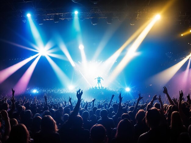 Kostenloses Foto: Glühendes Bühnenlicht beleuchtet jubelnde Rockfans, generiert von ai