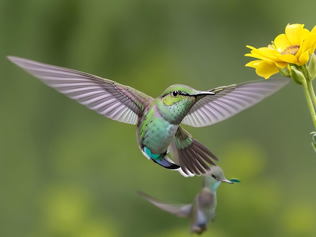 Kostenloses Foto Grüner und grauer Kolibri, der über gelben Blumen fliegt