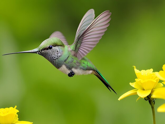 Foto kostenloses foto grüner und grauer kolibri, der über gelben blumen fliegt