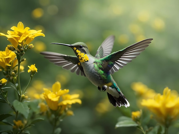 Kostenloses Foto Grüner und grauer Kolibri, der über gelben Blumen fliegt