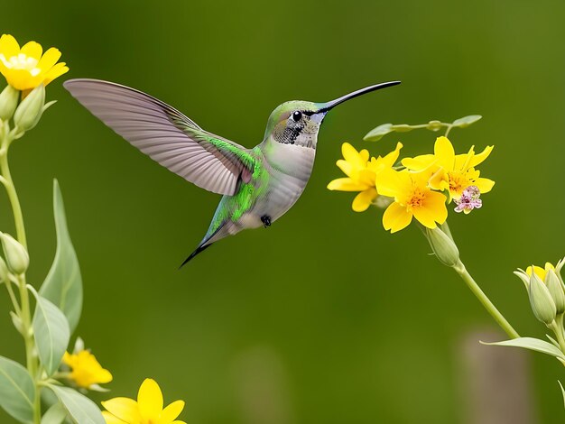 Kostenloses Foto Grüner und grauer Kolibri, der über gelben Blumen fliegt