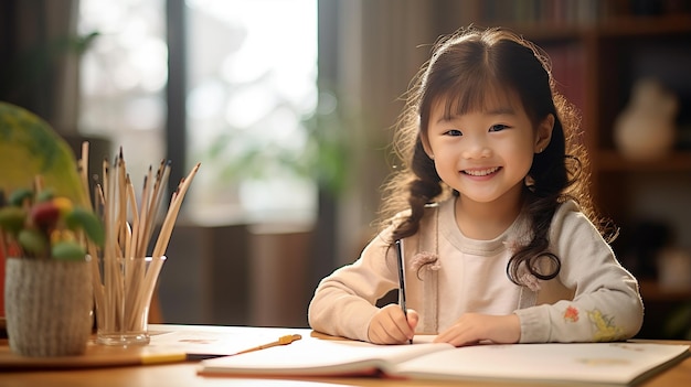 Kostenloses Foto junges asiatisches Mädchen, das zu Hause Asien zeichnet