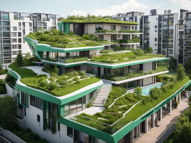 Kostenloses Foto modernes Wohnviertel mit Gründach und Balkon generiert von ai
