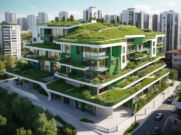 Kostenloses Foto modernes Wohnviertel mit Gründach und Balkon generiert von ai