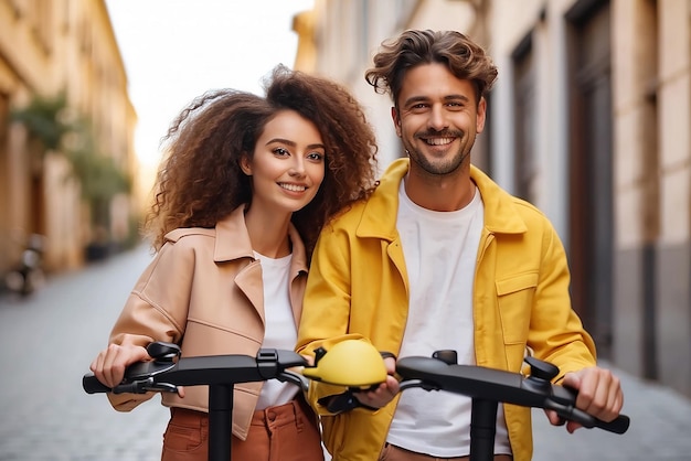 Kostenloses Foto-Smiley-Paar posiert gemeinsam im Freien auf Elektrorollern Mini-Mobilität