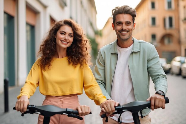 Kostenloses Foto-Smiley-Paar posiert gemeinsam im Freien auf Elektrorollern Mini-Mobilität