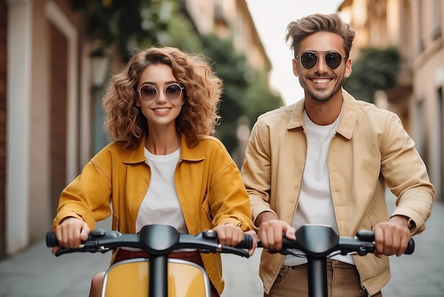 Kostenloses Foto-Smiley-Paar posiert gemeinsam im Freien auf Elektrorollern Mini-Mobilität