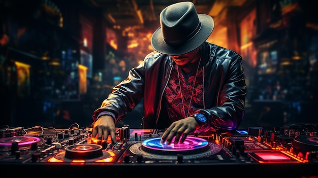 Kostenloses Foto vertikales Bild eines männlichen DJs, der unter den blauen Lichtern in einem Studio arbeitet