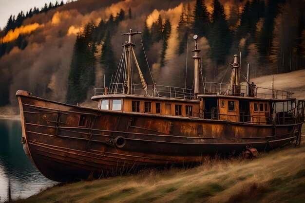 Kostenloses Foto von einem alten, rostigen Fischerschiff auf dem Hang am Ufer des Sees