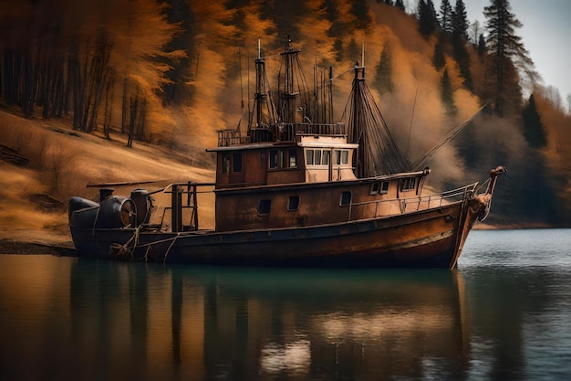 Kostenloses Foto von einem alten, rostigen Fischerschiff auf dem Hang am Ufer des Sees