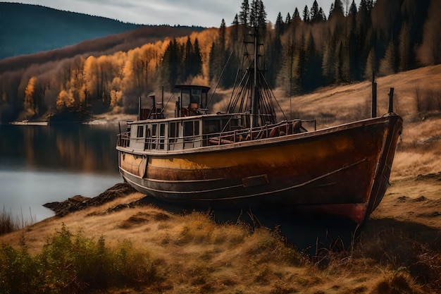 Kostenloses Foto von einem alten, rostigen Fischerschiff auf dem Hang am Ufer des Sees