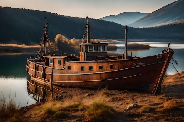 Kostenloses Foto von einem alten, rostigen Fischerschiff auf dem Hang am Ufer des Sees