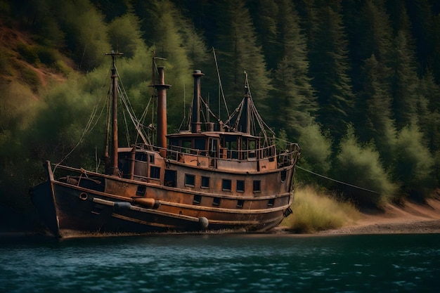 Kostenloses Foto von einem alten, rostigen Fischerschiff auf dem Hang am Ufer des Sees