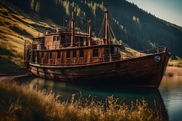 Kostenloses Foto von einem alten, rostigen Fischerschiff auf dem Hang am Ufer des Sees