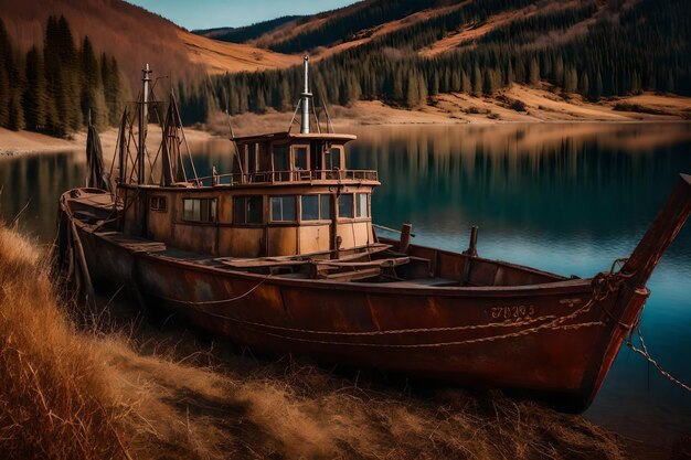 Kostenloses Foto von einem alten, rostigen Fischerschiff auf dem Hang am Ufer des Sees