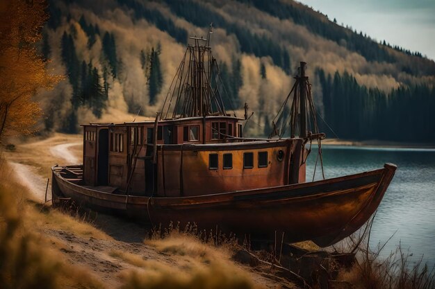 Kostenloses Foto von einem alten, rostigen Fischerschiff auf dem Hang am Ufer des Sees