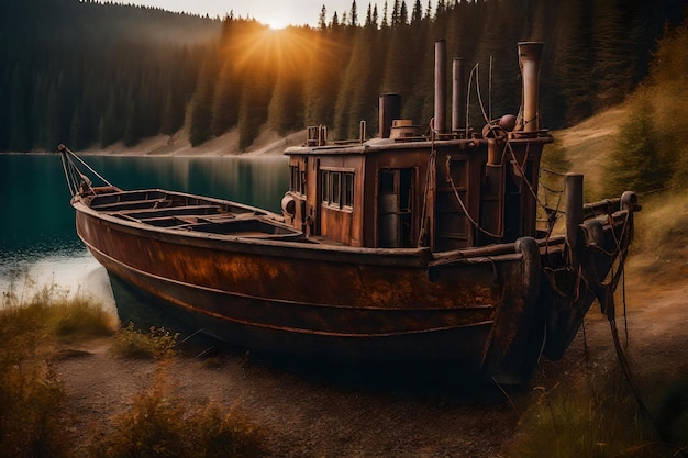 Kostenloses Foto von einem alten, rostigen Fischerschiff auf dem Hang am Ufer des Sees