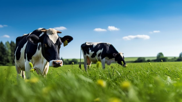 Kostenloses Foto von Kuhfarm Kuh auf dem Hintergrund von Himmel und grünem Gras KI generiert