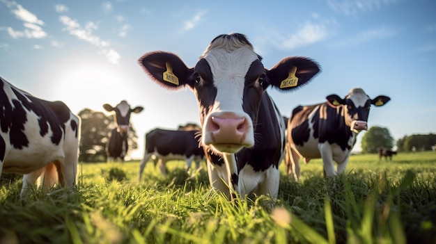 Kostenloses Foto von Kuhfarm Kuh auf dem Hintergrund von Himmel und grünem Gras KI generiert