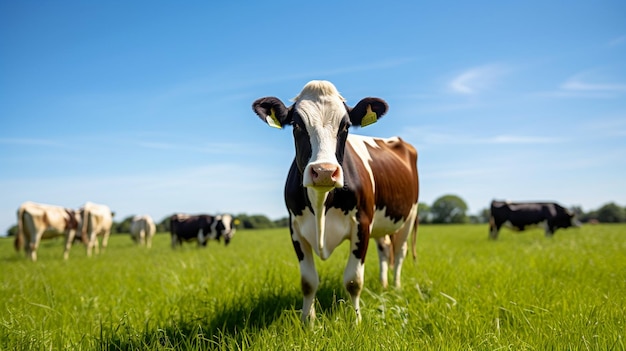 Kostenloses Foto von Kuhfarm Kuh auf dem Hintergrund von Himmel und grünem Gras KI generiert