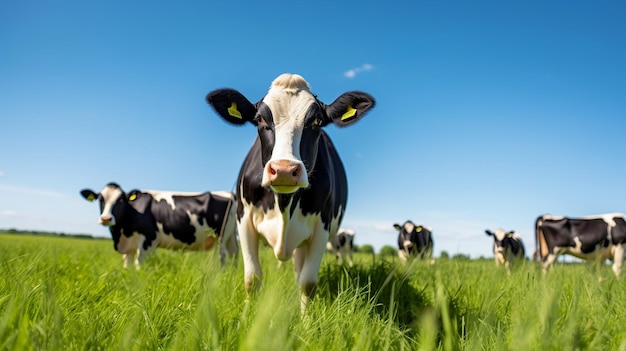 Kostenloses Foto von Kuhfarm Kuh auf dem Hintergrund von Himmel und grünem Gras KI generiert