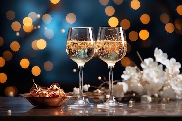 Kostenloses Foto von zwei Champagnergläsern auf weißem Hintergrund mit Feuerwerk