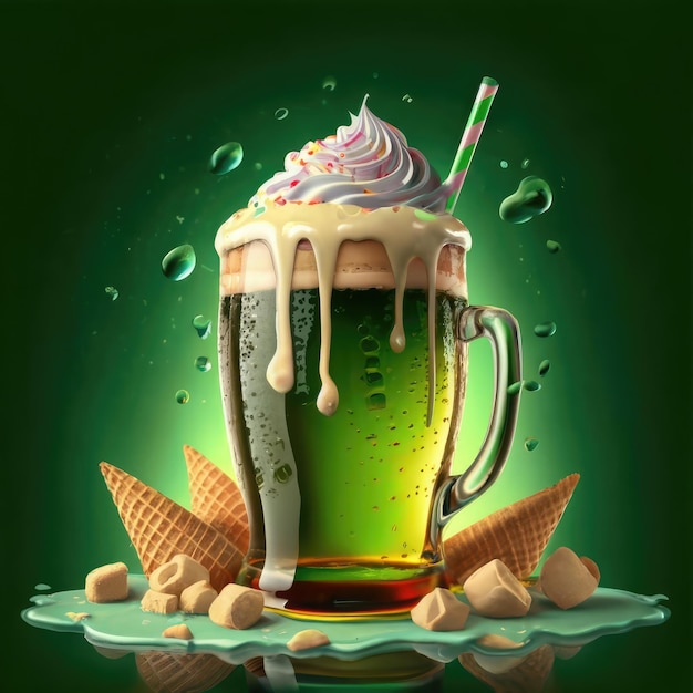 kostenloses grünes Bier mit Eis auf grünem Hintergrund 3D-Illustration