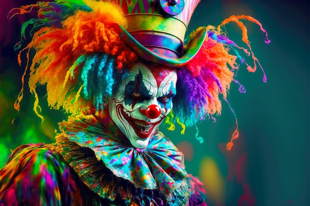 Kostümierter, bunter Clown der Fantasie für Erwachsene in Trance