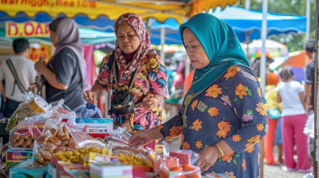 KOTA KINABALU SABAHMALAYSIA 31 de mayo de 2019 Un grupo de personas comprando un recuerdo hecho localmente durante la celebración del Festival de la Cosecha a nivel estatal en KDCA Penampang Sabah