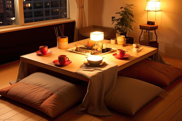 Kotatsu tradicional japonesa mesa aquecida com cobertor para noites aconchegantes de inverno em casa em Tatami