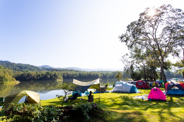 Ökotourismus Camping-, Wander- und Zeltkonzept - Camping und Zelt in der Nähe des Sees und unter dem Wald bei Sonnenuntergang