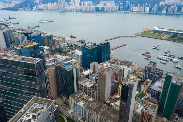 Kowloon Bay, Hongkong, 02. Juni 2019: Luftaufnahme der Innenstadt von Hongkong