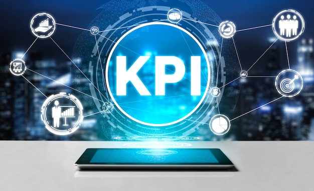 KPI Key Performance Indicator für das Geschäftskonzept - Moderne grafische Oberfläche mit Symbolen für die Bewertung von Jobzielen und analytischen Zahlen für das Marketing-KPI-Management