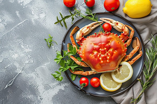 Krabbe auf einem Teller mit Tomaten und Zitrone