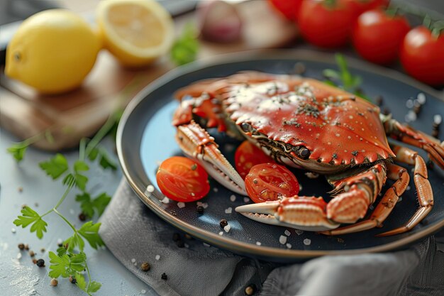 Krabbe auf einem Teller mit Tomaten und Zitrone