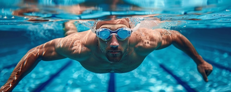 Foto kräftige unterwasser-close-up eines männlichen schwimmers, der mit schutzbrille gleitet