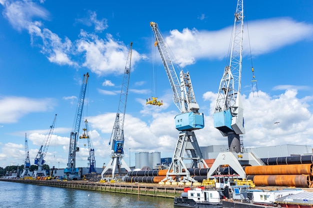 Kräne im Hafen von Rotterdam Niederlande Logistikgeschäft Fracht laden Entladen