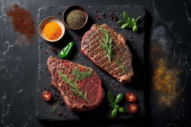 Kräuter und Gewürze zwei köstliche Rib-Eye-Steaks auf einem Hintergrund aus schwarzem Stein