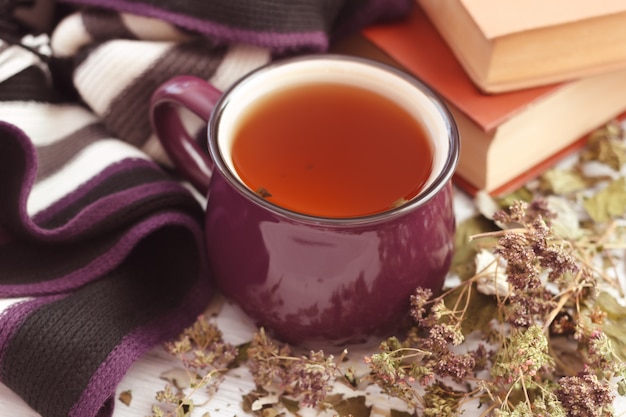 Kräutertee hausgemacht mit gemütlichem Schal und Büchern zum Lesen