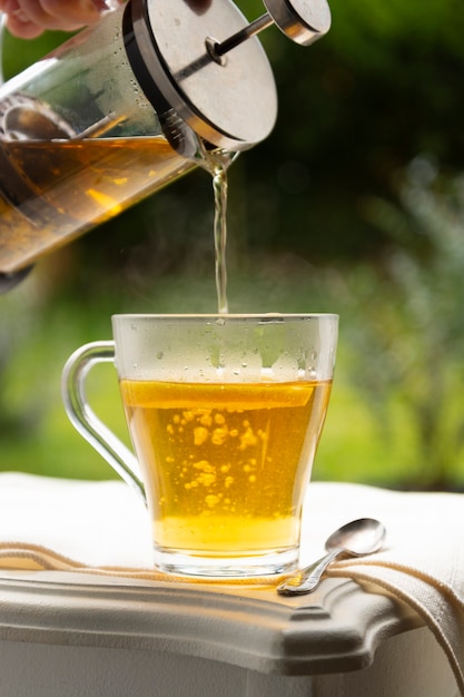 Kräutertee in Glasschale serviert im Garten. Gartenfrühstück im Sommer im Freien