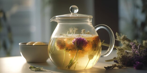 Foto kräutertee mit blumen in glasteekanne auf dem tisch, ki generiert