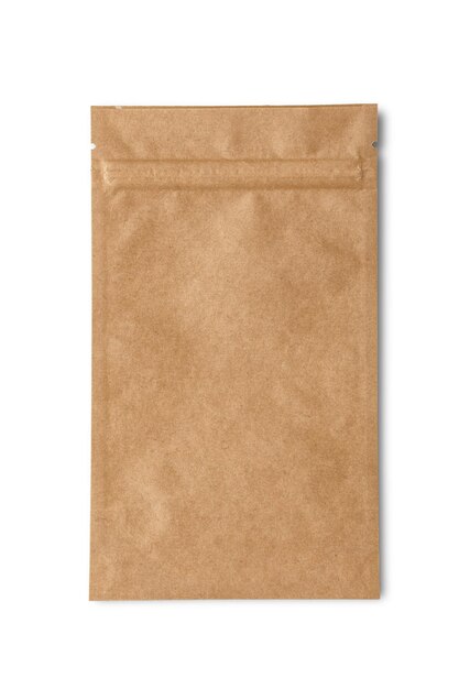 Kraft-Papier-Doypack-Beutel mit Reißverschluss auf weißem Hintergrund umweltfreundliche Verpackung