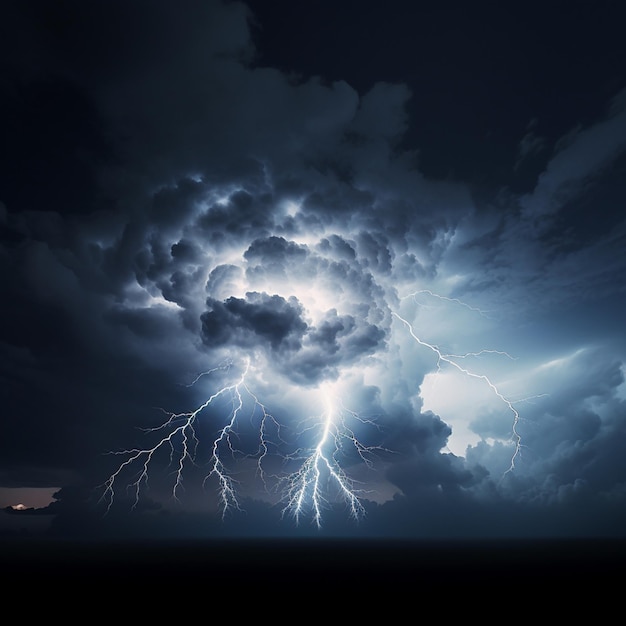 Kraft und minimalistische Schönheit eines Blitzeinschlags inmitten der riesigen Weite eines turbulenten Cumulonimbus