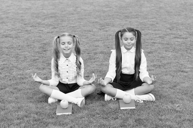 Kraftvoll und doch friedlich Kleine Kinder meditieren auf grünem Gras Kleine Mädchen sitzen in Mudra-Position Yoga-Meditation Meditationskurs für Anfänger Schulzeit Meditation hilft beim Lernen