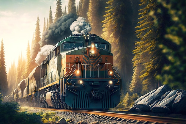 Kraftvolle Lokomotive zieht Güterzug mit beladenen Waggons durch Wald und Bäume