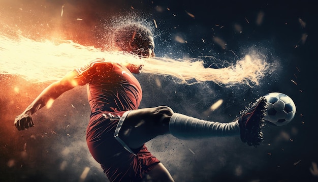 Kraftvoller Schlagball mit Feuerspureffekt eines Fußballspielers beim starken Fußballspiel