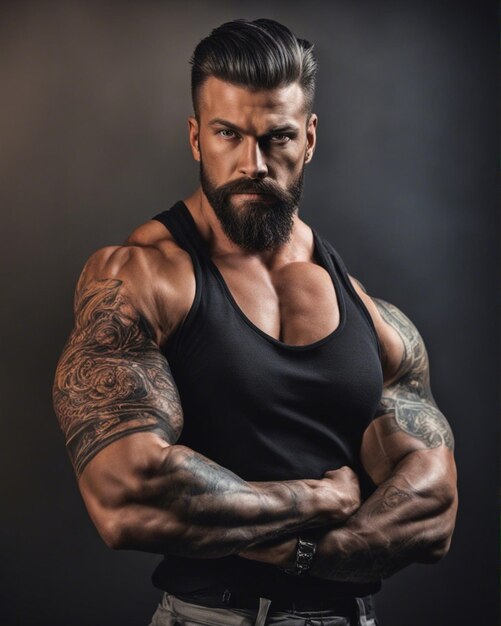 kraftvolles Bodybuilder-Tattoo auf seinem Körper, isoliert auf dunkel-schwarzem Hintergrund